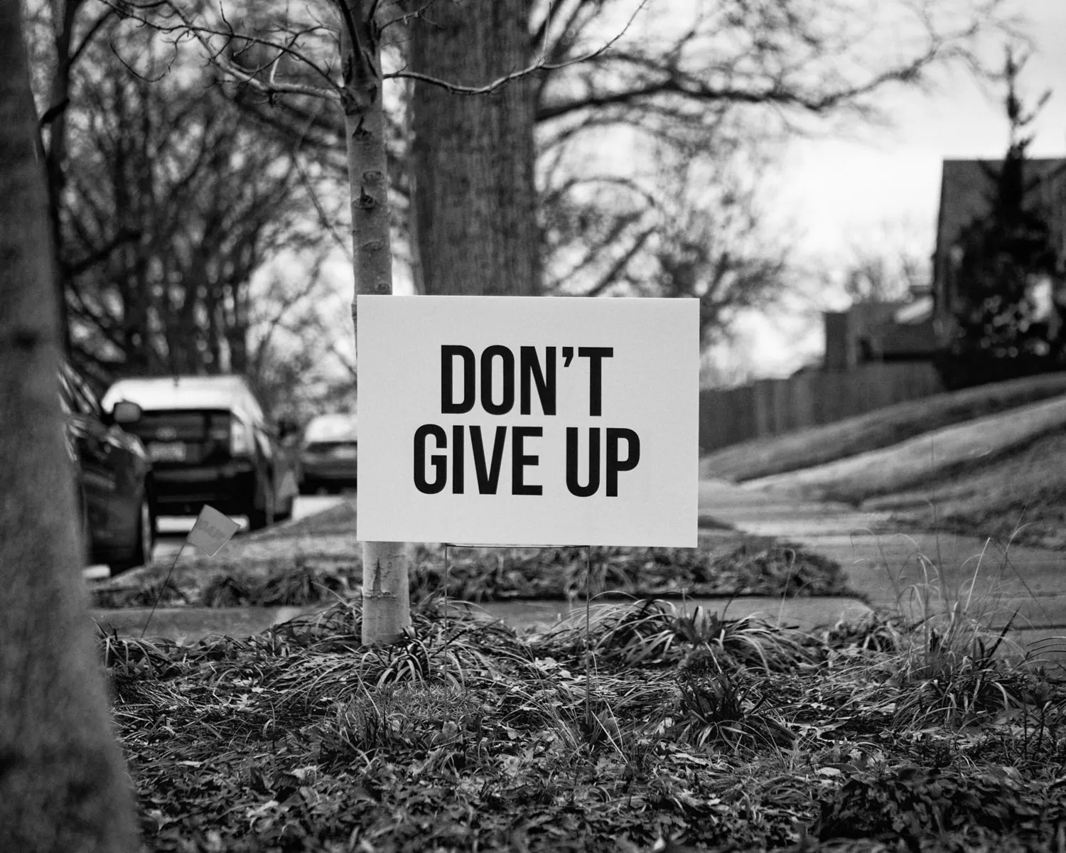 Don’t give up sign on a front yard